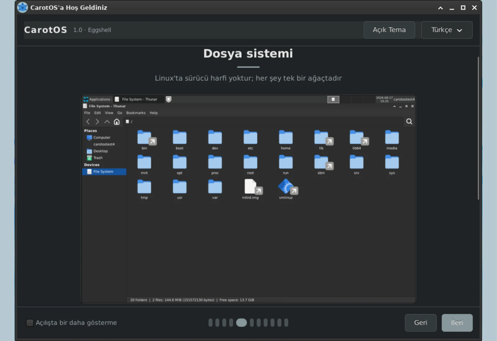 Karşılama Sihirbazı: dosya sistemi sayfası