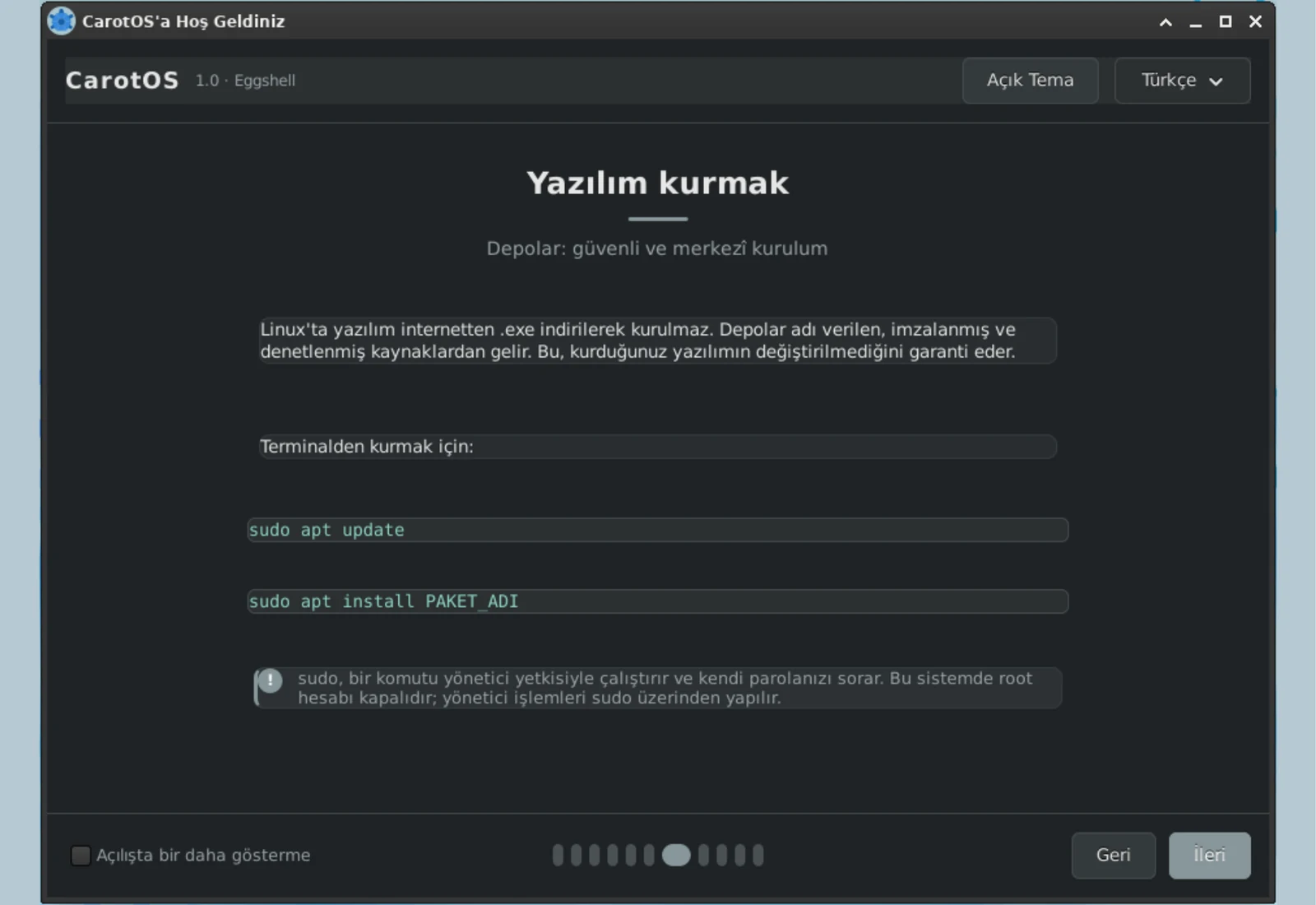 Karşılama Sihirbazı: yazılım kurma sayfası