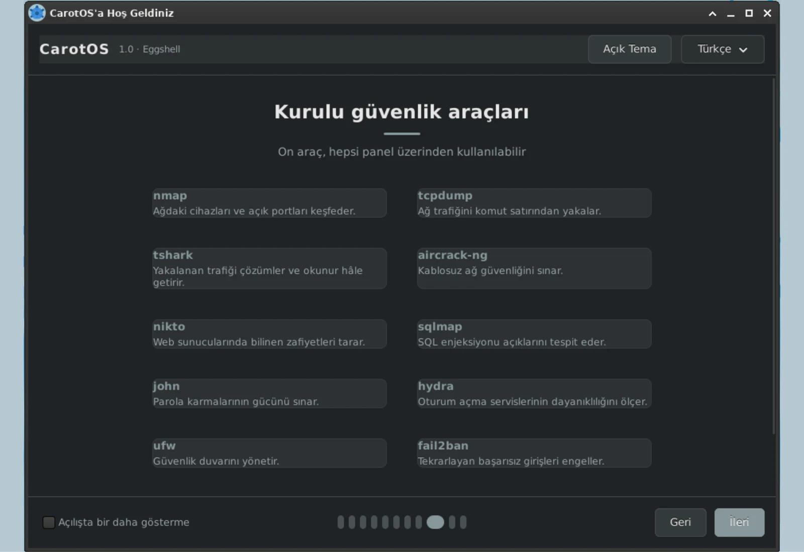 Karşılama Sihirbazı: kurulu güvenlik araçları listesi