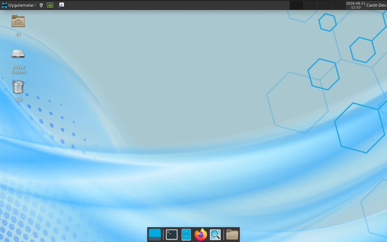 CarotOS masaüstü: XFCE üst paneli, altta uygulama çubuğu